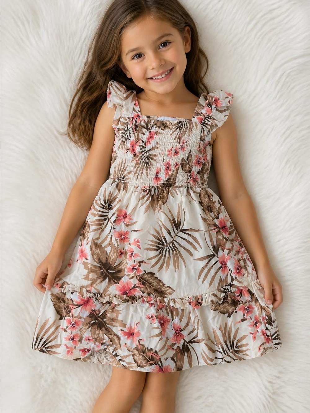 The Children's Place Cream Sundress Pink Floral Brown Leaf Print Excellent cond